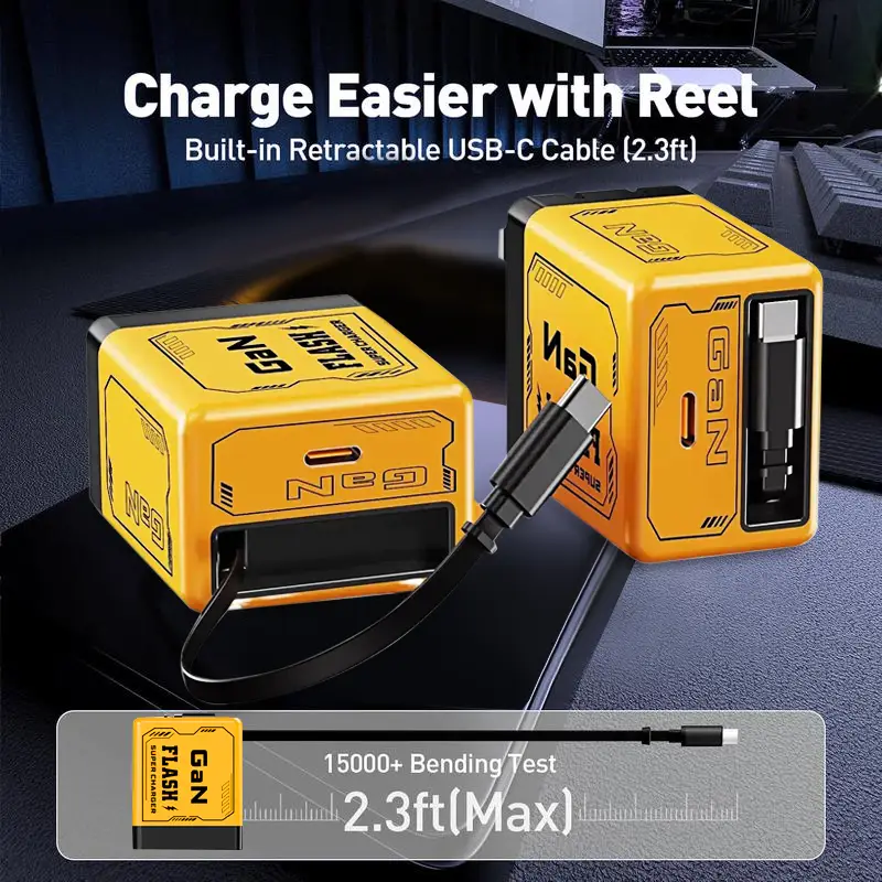 GaN Charger Compatible with 120W Fast Charger with Retractable Type-C and ligting Cable,Portable Adapter for iPhone 16, iPad, MacBook, Multi-Device Fa