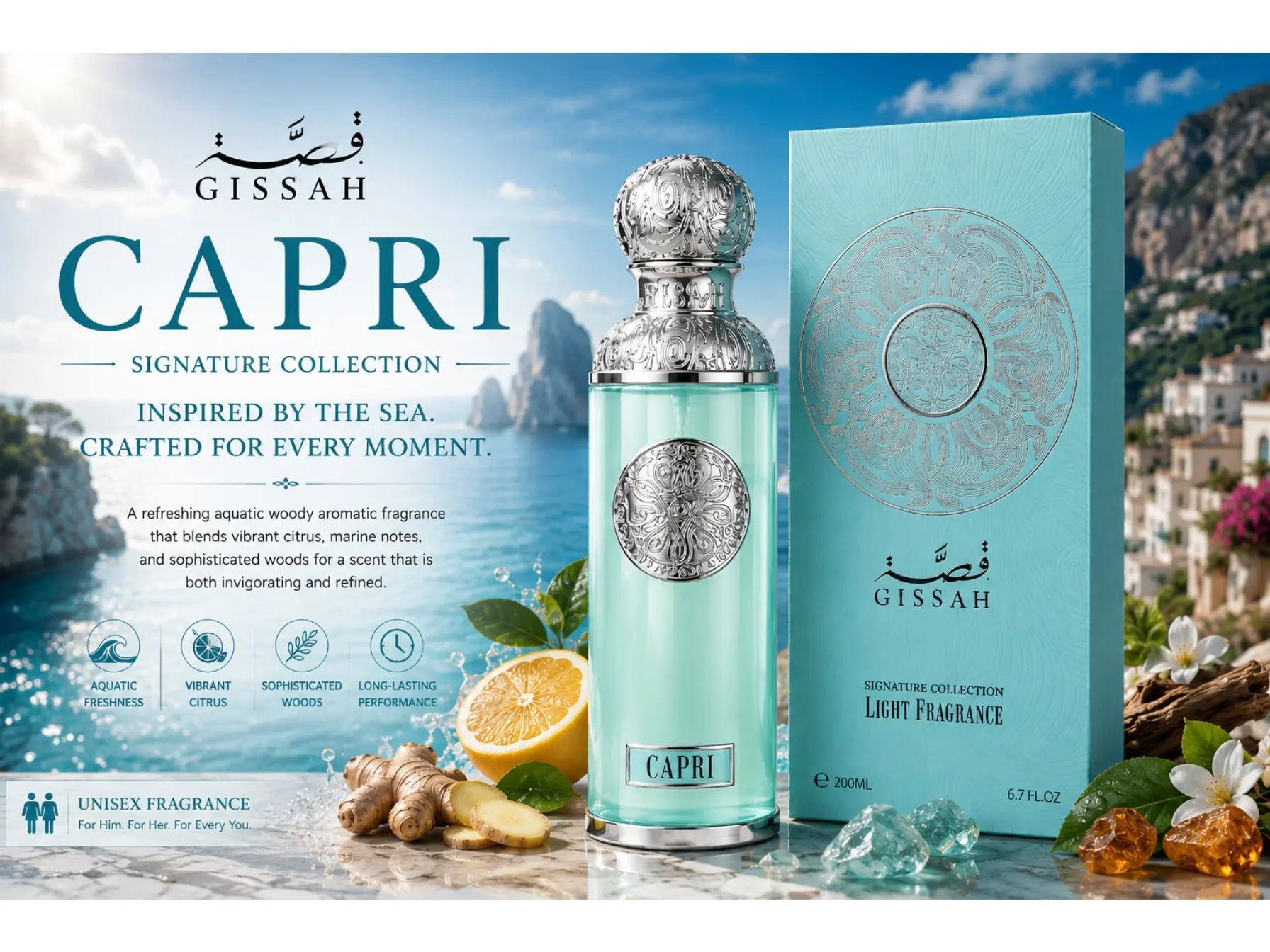 Gissah Capri Eau de Parfum, 200ml, a Long-Lasting Unisex Fragrance for Adults with Aquatic, Citrus, and Sandalwood Notes for All Seasons