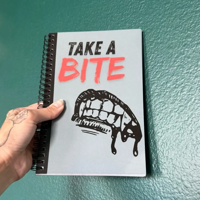 Take a Bite handmade 5.5”x8.5” wire bound notebook