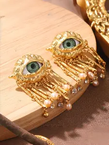 Vintage Metal Exaggerated Devil Eye Bead Fringe Earrings, Unique Pearl Drop Earrings, Statement Jewelry for Women, Distinctive Tassels