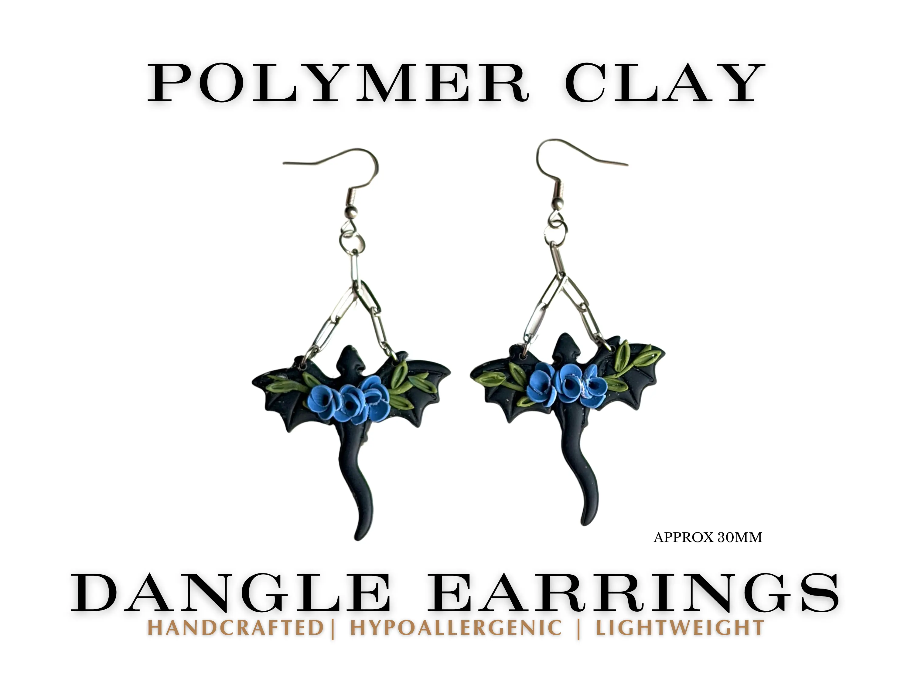 Black Floral Dragon Earrings | Blue Rose Dragon Dangles | Fantasy Polymer Clay Jewelry | Gothic Witchy Statement Earrings Handmade