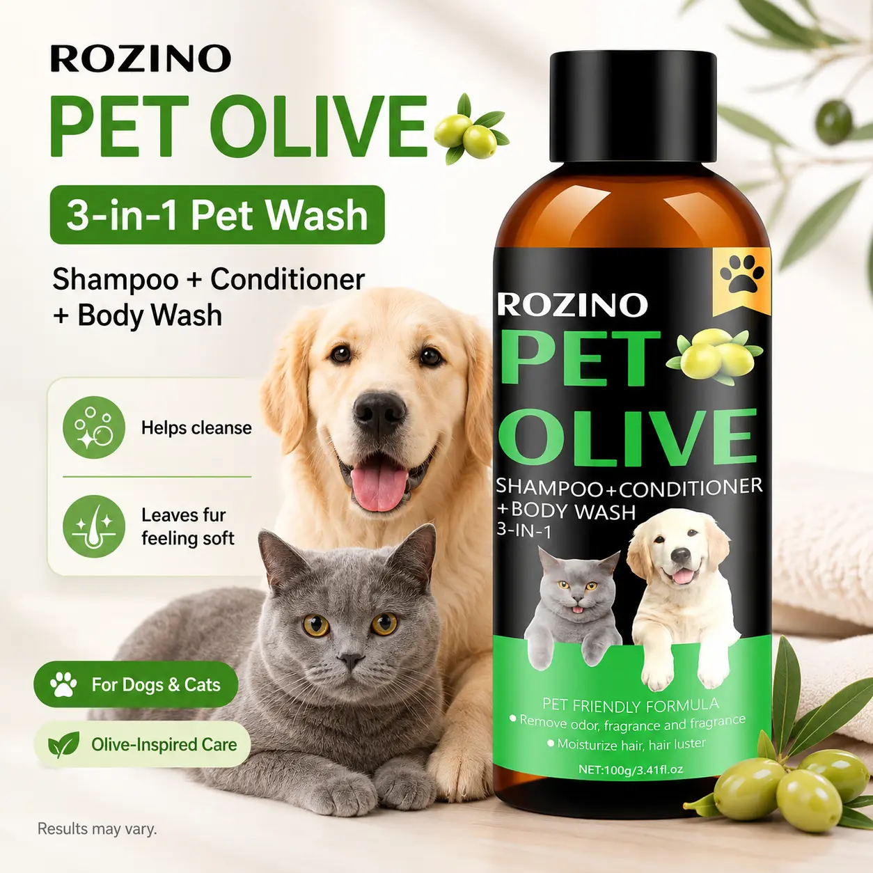 ROZINO Pet Olive 3-in-1 Pet Wash, Shampoo Conditioner & Body Wash for Dogs and Cats, Olive-Inspired Gentle Cleansing Pet Bath Care, 100g