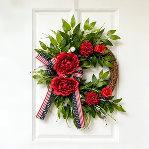 Independence Day Patriotic Wreath, Peony Front Door Decoration, American Flag Bow Wreath, Americana Country Door Hanging, Indoor Outdoor Decor, Home Ornaments