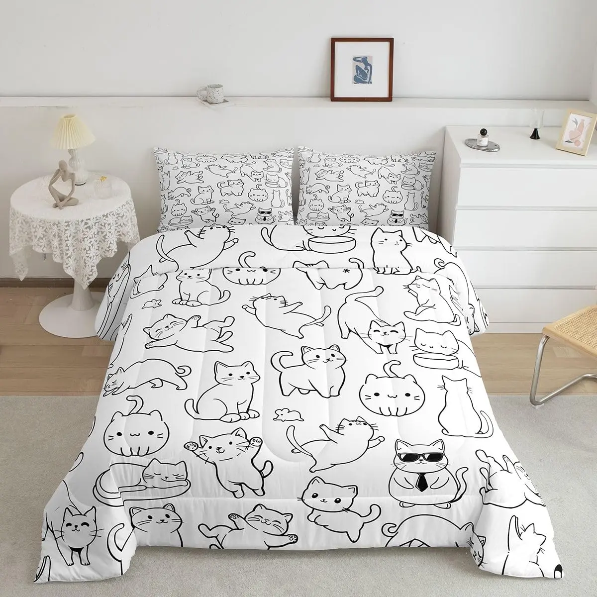 Cartoon Cat Comforter Set Cats Print Bedding Set Kawaii Kitten Duvet Quilt Microfiber 1