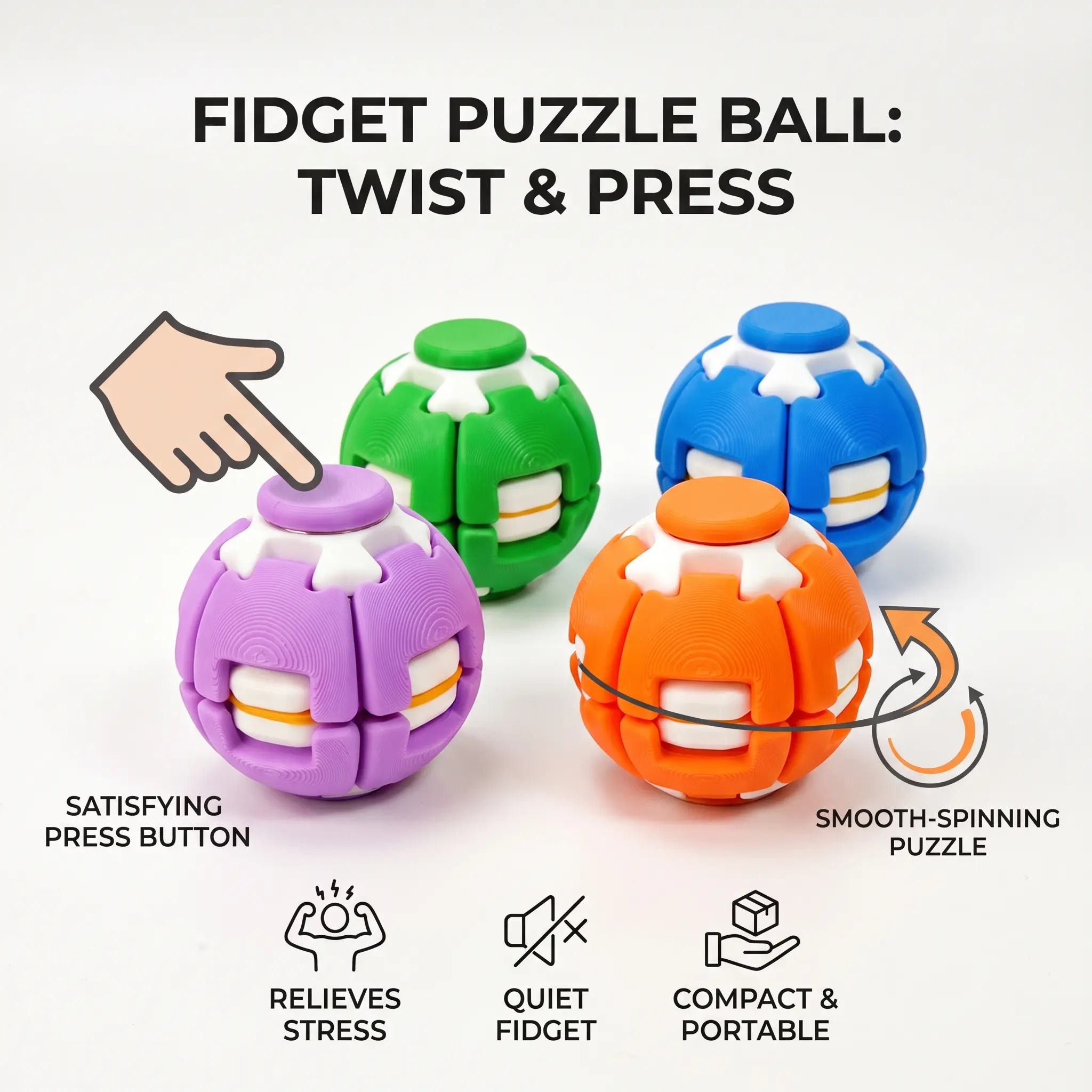 Press & Spin Fidget Ball Toy – Creative Sensory Stress Relief Gadget, Quiet Desk Decompression Toy for Focus, Anxiety Relief & Daily Relaxation, Kids & Adults Gift
