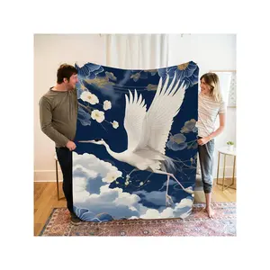 Elegant White Crane & Blue Floral Cloud Throw Blanket (Deep Navy Background)