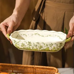 Happy Lily of the Valley 9.8-inch Double-Handled Baked Plate Ceramic Pearlescent Frosted Glaze