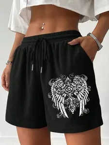 Women's Casual Style Loose-Fitting Summer Shorts, Angel Wings Cross Print, Soft Comfortable Home Wear, Essential Lazy Closet Item, Casual Fashion