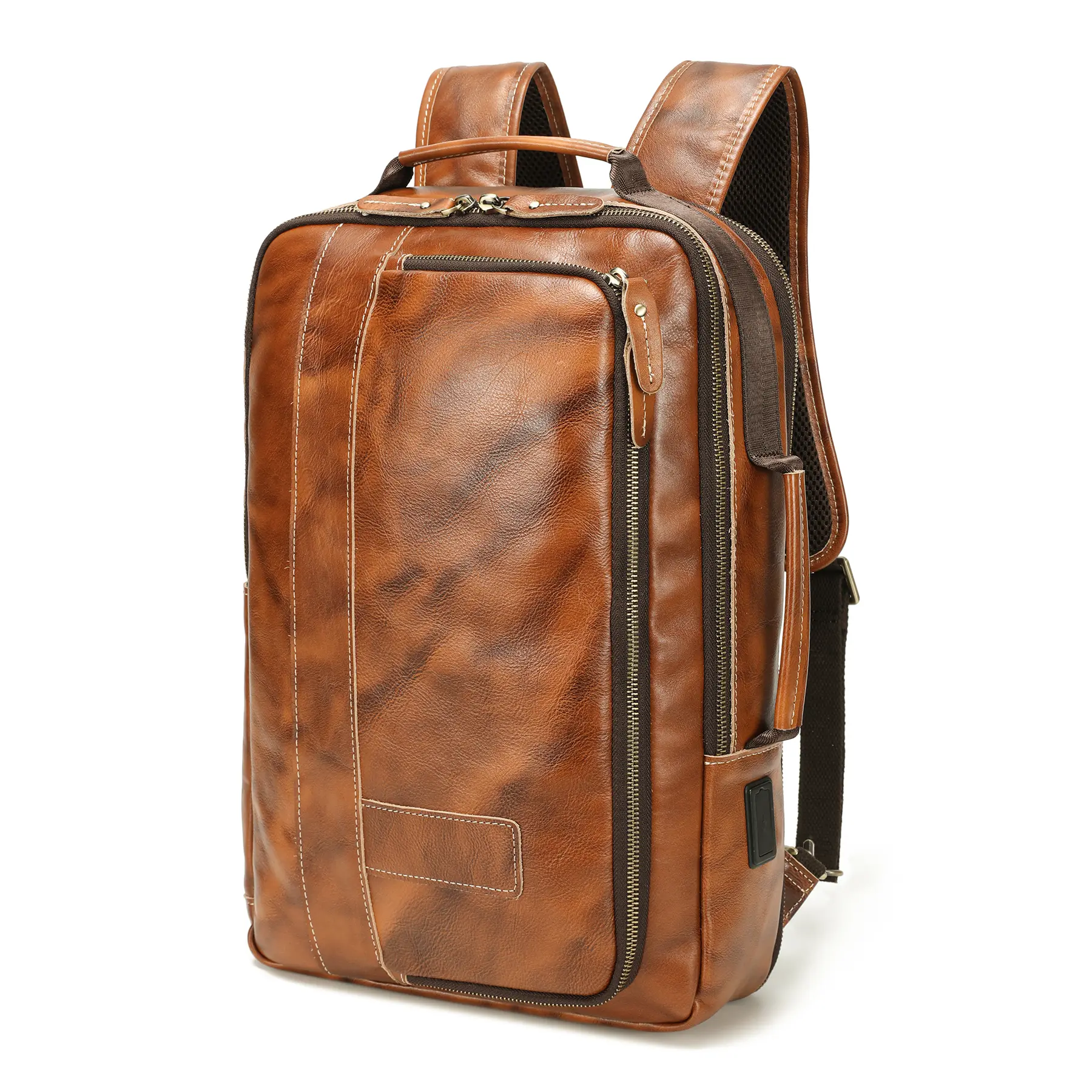 LANNSYNE Men's Full Grain Leather Expandable 15.6 Laptop Backpack Tote Shoulder Travel Bag Rucksack