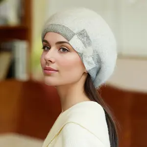 Chic Rhinestone Bow Beanie for Women - Cozy Knit, Double-Layered & Thickened, Stretch Fit, Breathable Wool Blend Perfect Christmas