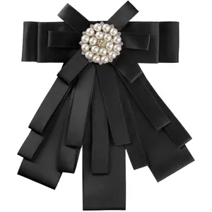 K Women's Pre-tied Bowknot Beads Bow Tie Elegant Large Ribbon Brooch