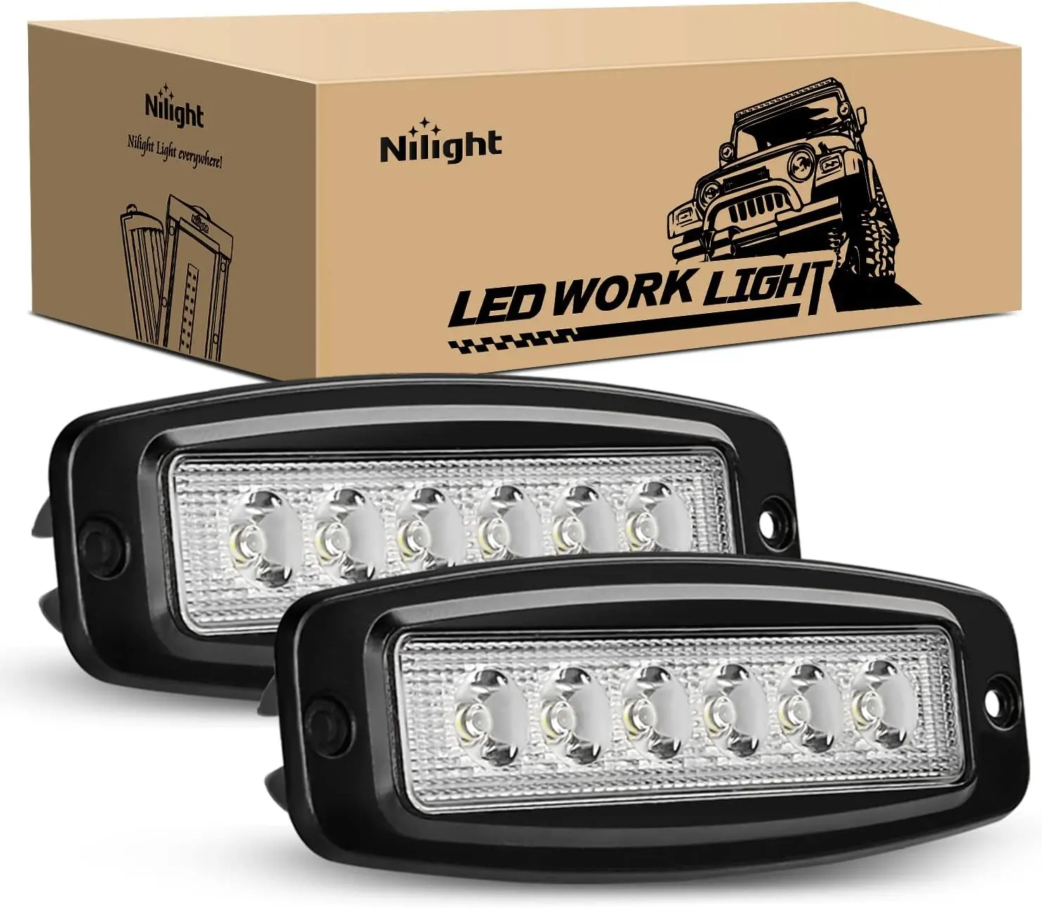 Nilight 2PCS 18W Spot LED Work Light Bars - Flush Mount LED Car Lights, 18W Power Output for Off-Road Vehicles, Pickups, Aluminum Alloy Hardware (Father's Day Gift Option), Spot Beam