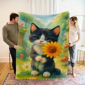 JIT 1 Kitten Hugging Sunflower Blanket Super soft shawl blanket, comfortable and warm, suitable for sofa, office nap anti-allergy, machine washable, living room decoration, Christmas gift and party gift perfect choice