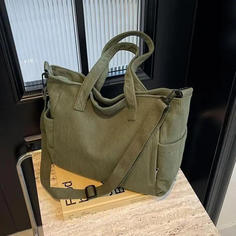 Women's Striped Corduroy Large Capacity Crossbody Bag – Bandolera Unisex, Vintage Boho Shoulder Purse with Detachable Adjustable Strap, Everyday Bag for School, Travel, Outdoor Sports, Lightweight & Durable