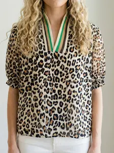 Women Khaki Leopard Color Block Contrast Striped V-Neck Half Sleeve Loose Fit Blouse, Casual Lightweight Summer Fashion Patchwork Blouses Shirts Tops