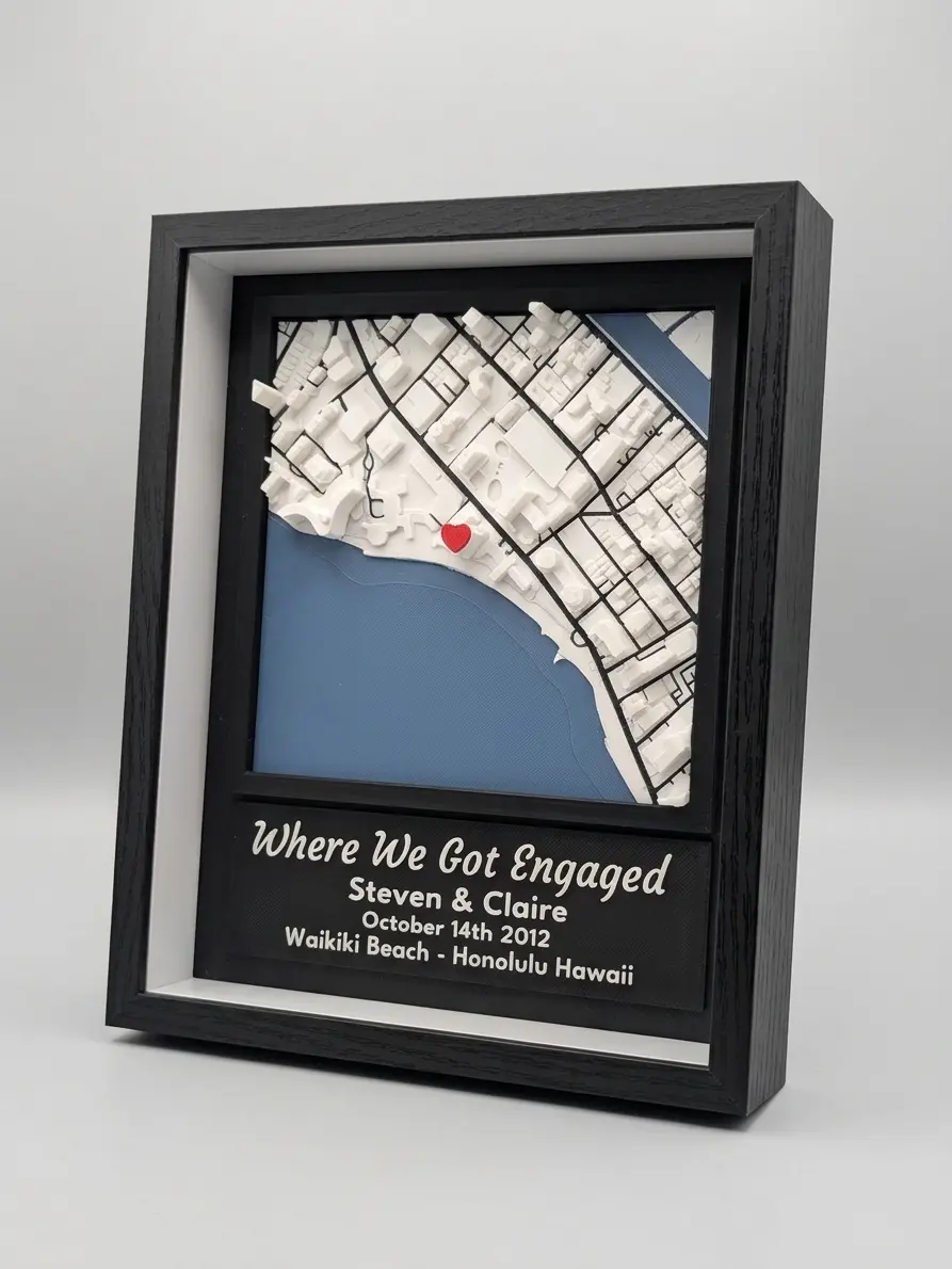 Custom 3D Printed "Where We Got Engaged" Map Shadow Box - Personalized Proposal & Wedding Gift