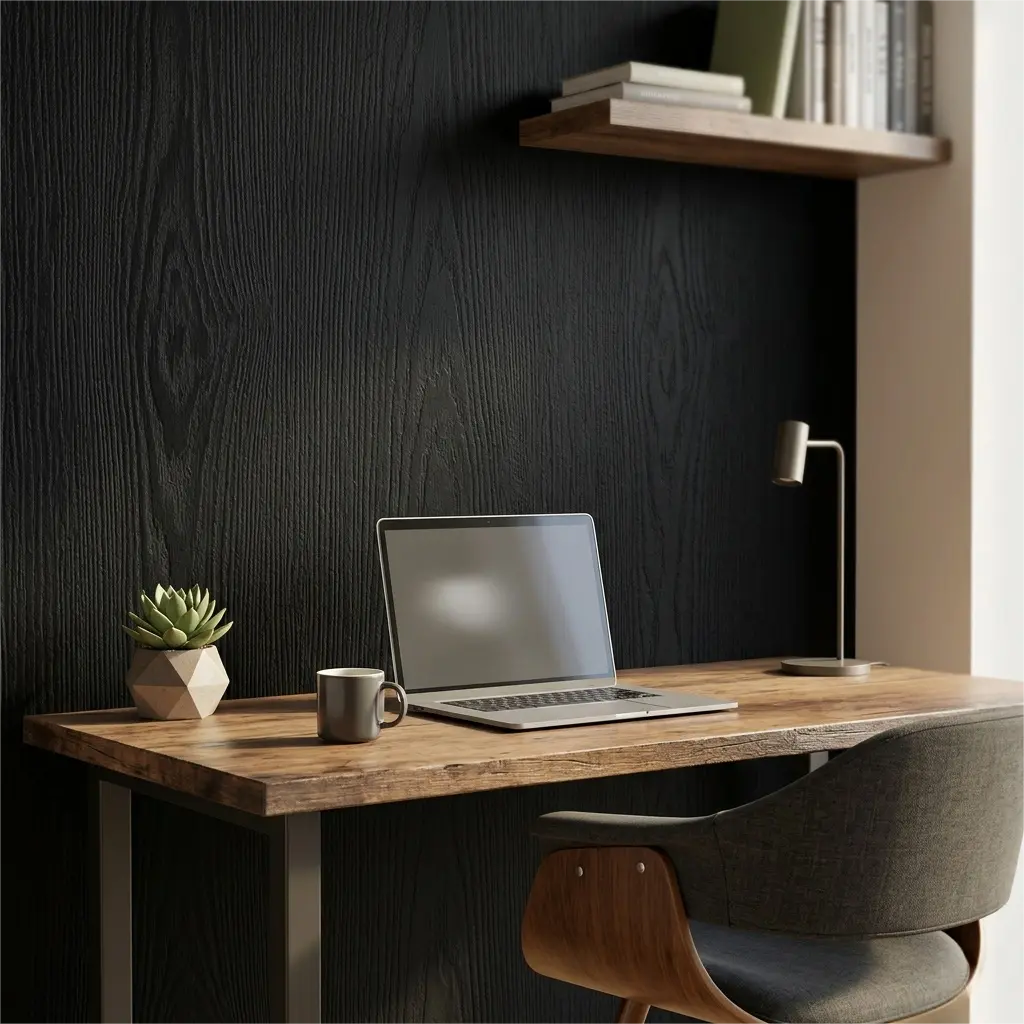 Built-to-Last Faux Wood Peel-Stick Wallpaper - Deep Embossed Wood Grain High-Quality PVC Vinyl Black Self-Adhesive Contact Paper, Easy-Remove Removable Modern Rustic Decor Sticker for Indoor Home Accent Walls, Desks, Easy-to-Clean