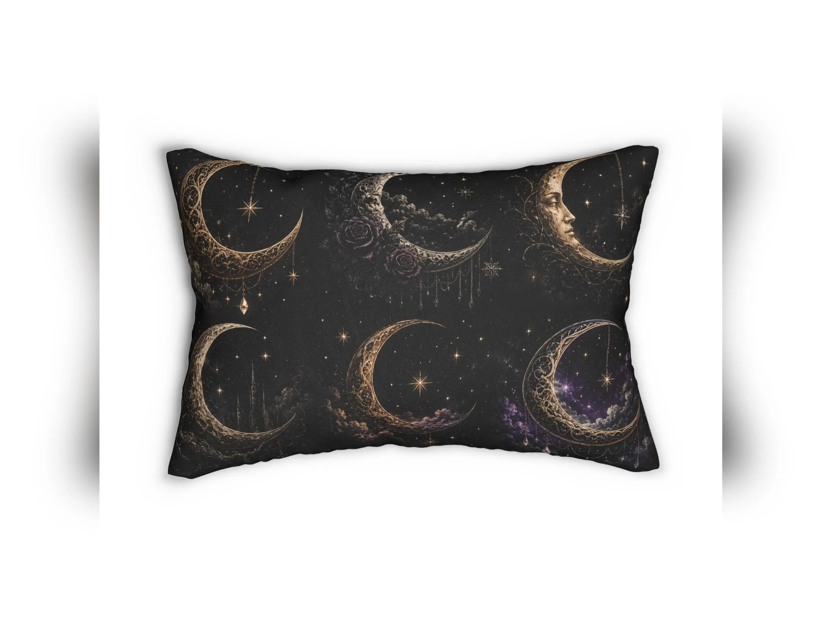 Vintage Crescent Moon Pattern Lumbar Pillow | Celestial Night Sky