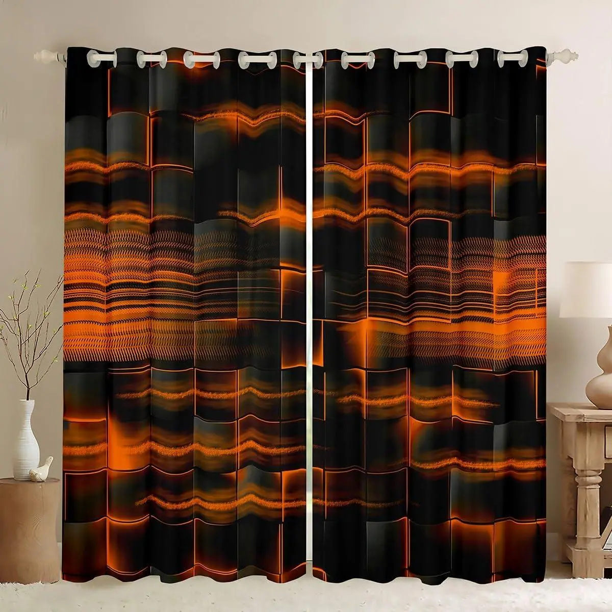 Orange Black Darkening Drapes Geometric Strip Lines Curtains Bedroom Living Room Blackout Curtains Abstract Modern Window Treatments
