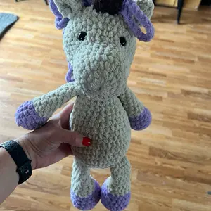 Crochet Plush Unicorn Toy – Handmade Stuffed Unicorn – Soft Cream and Purple Unicorn – Amigurumi Plushie – Pastel