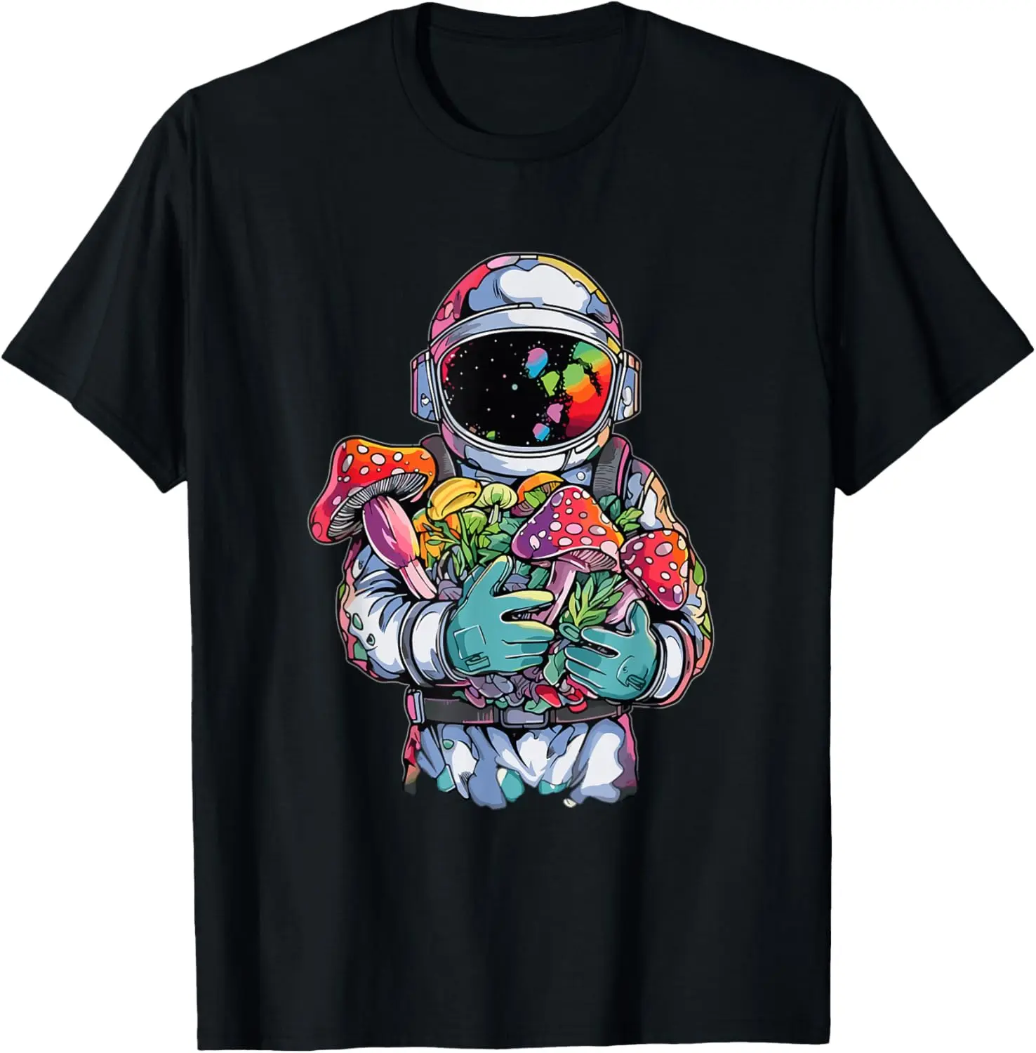 Men's Cotton Short-Sleeve Round Neck Graphic T-Shirt Top - Fashion Casual Regular Fit Natural Fabric, Trippy Astronaut EDM Mushroom Psychedelic Art, Sports Streetwear Rave Outfit, Black, Small