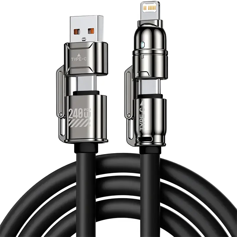 240W 4-in-1 Fast Charging Data Cable, Multifunction Cellphone Charging USB Cable Compatible with Type-C & iOS Devices, Mobile Charging Cable, Phone Accessories