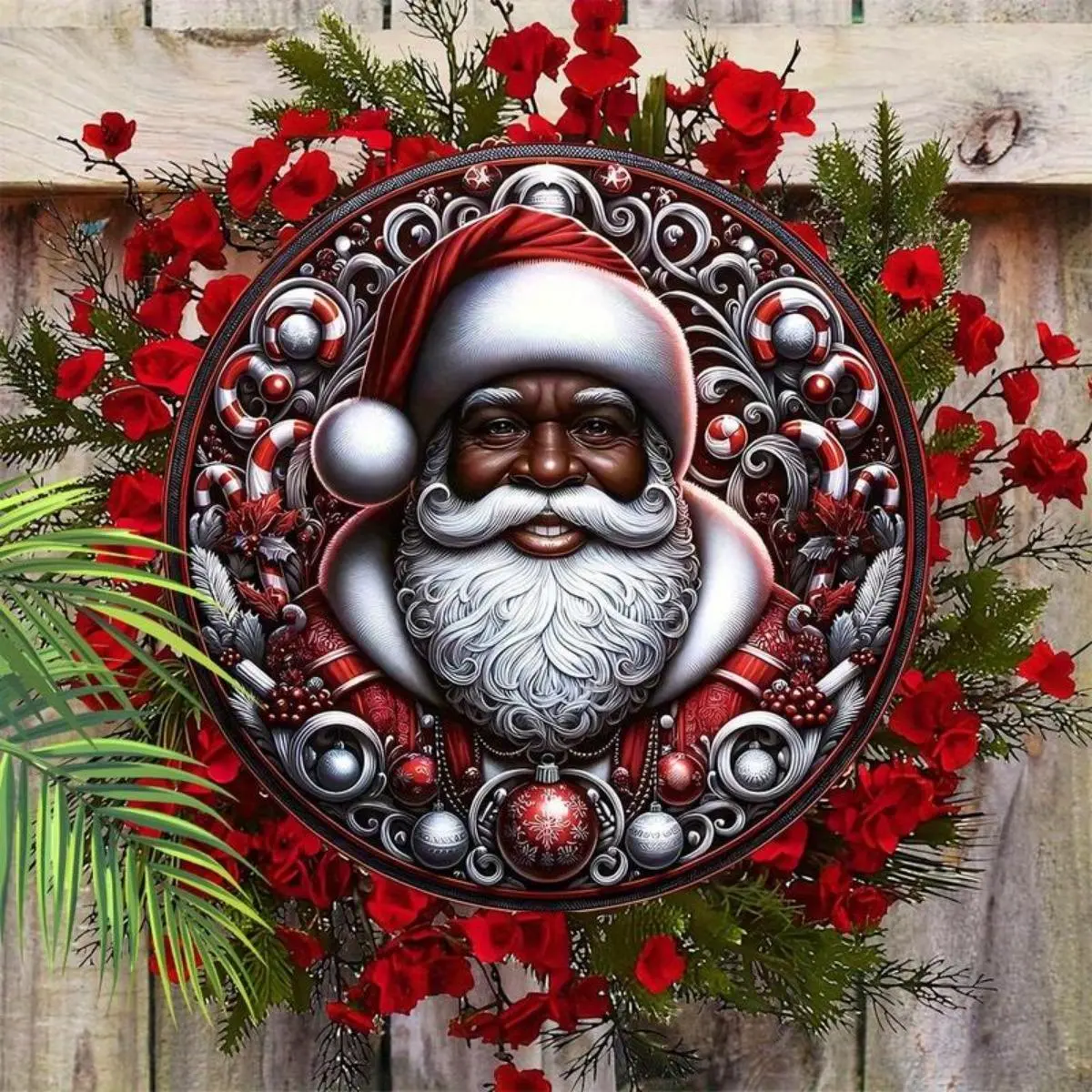 Round Hanging Ornament, 1 Piece Santa Claus Pattern Hanging Ornament, Suitable for Home Living Room Bedroom Wall Decoration, Holiday and Party Supplies