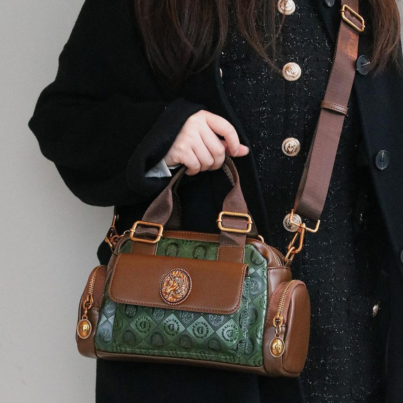 Vintage Embossed Faux Leather Boston city real Bag Equestrian Style Satchel Purse luxury designer