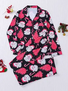 2-piece set of rose red Christmas tree, Santa Claus candy cane, comfortable top with small pockets, elastic waistband, suitable for all seasons, casual home, regular wear, holiday clothing, Pajama