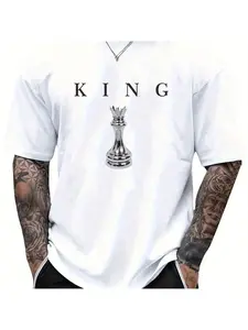 Men's casual round neck retro fashion comfortable loose single-sided printed T-shirt - Letter KING Men's black chess king pattern print |   Casual short-sleeved round neck T-shirt short-sleeved top