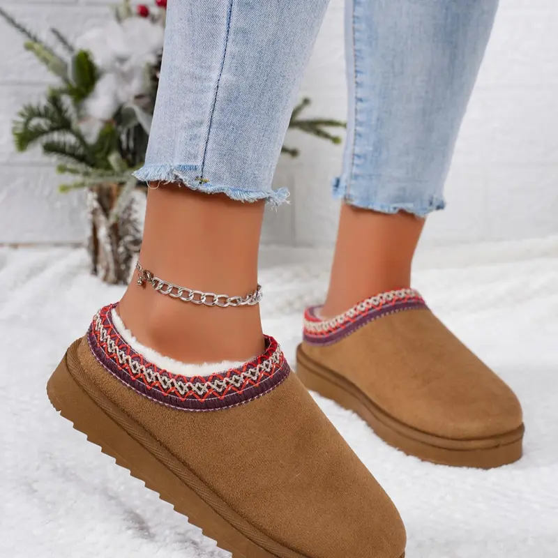 Women's Fall Winter Snow Boots, Large Size Thick Sole Warm Ankle Booties, Casual Embroidered Round Toe Rubber Shoes, Pull On Boots