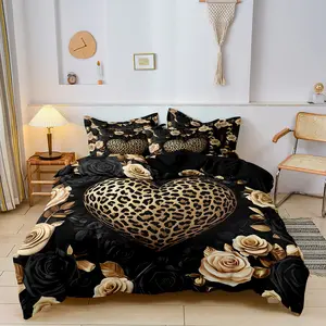 Leopard Heart Rose Digital Print Bedding Set, 3 Piece (1 Fitted Sheet + 2 Pillowcases), Polyester Fiber, Home Bedroom Decoration Supplies