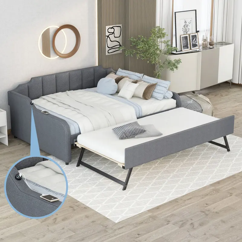 Full Size Upholstery Pine Wood Daybed with Pull Out Trundle Bed, USB Port, Adjustable Trundle (Flat or Erected), Durable High-Quality Legs, Gray, 76x54.3in Size, 80.7x95.5x32.7in Dimensions, 137lb Capacity, Assembly Required, Pull Out Bed