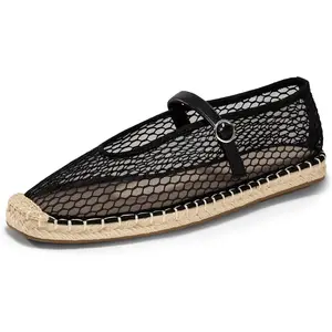 Coutgo Women's Mary Jane Espadrille Flats - Closed Square Toe, Breathable Knit Netted, Slip-On, Comfortable Dress Footwear, Breathable Knit Flats