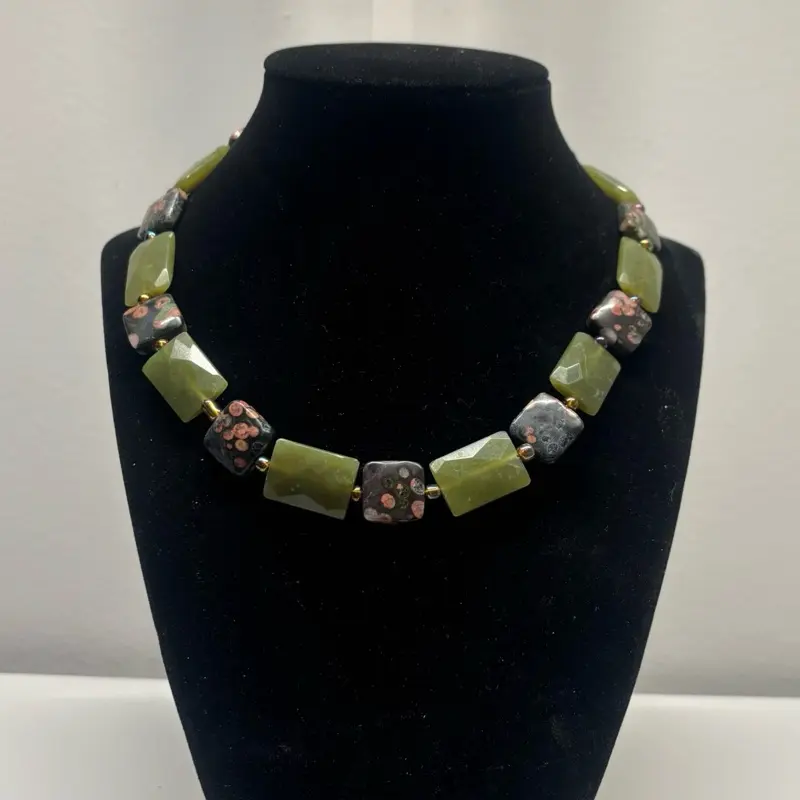 Olive Jade and Black Leopard Jasper Choker Necklace with Unique Beads and Elegant Design