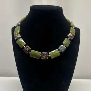 Olive Jade and Black Leopard Jasper Choker Necklace with Unique Beads and Elegant Design
