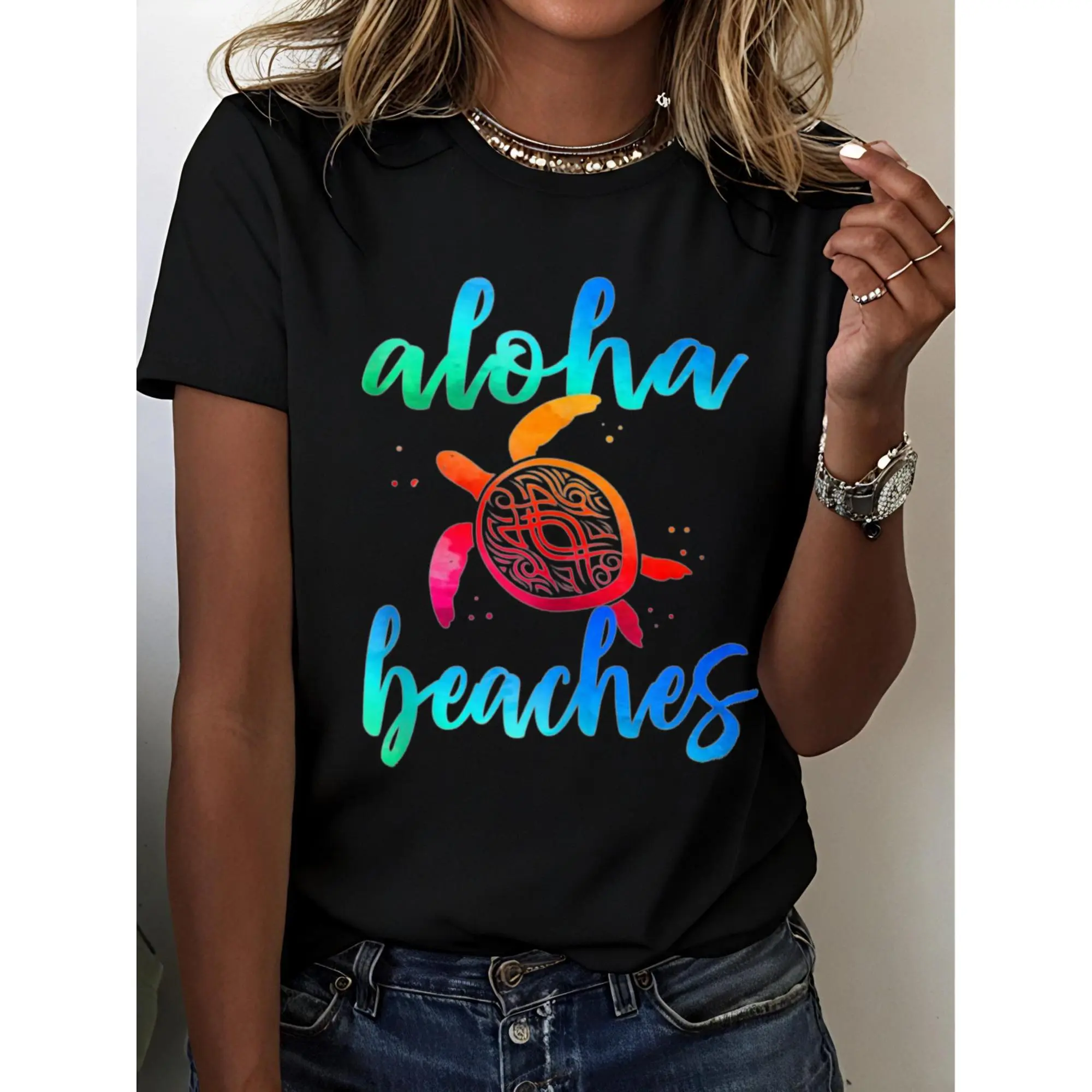 Women's 100% Cotton Fitted Short-Sleeve Crew Neck T-Shirt - Colorful Watercolor Geometric Digital Print Aloha Hawaiian Sea Turtles, Casual Black Beach Vacation Summer Top, Colorful Style, Wedding, Fitted Cut, Pure Cotton, Watercolor Print, Cartoon, Chic,,