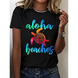 Women's 100% Cotton Fitted Short-Sleeve Crew Neck T-Shirt - Watercolor Aloha Hawaiian Sea Turtles Graphic Print, Casual Black Beach Vacation Summer Top, Shortsleeve, Tshirt