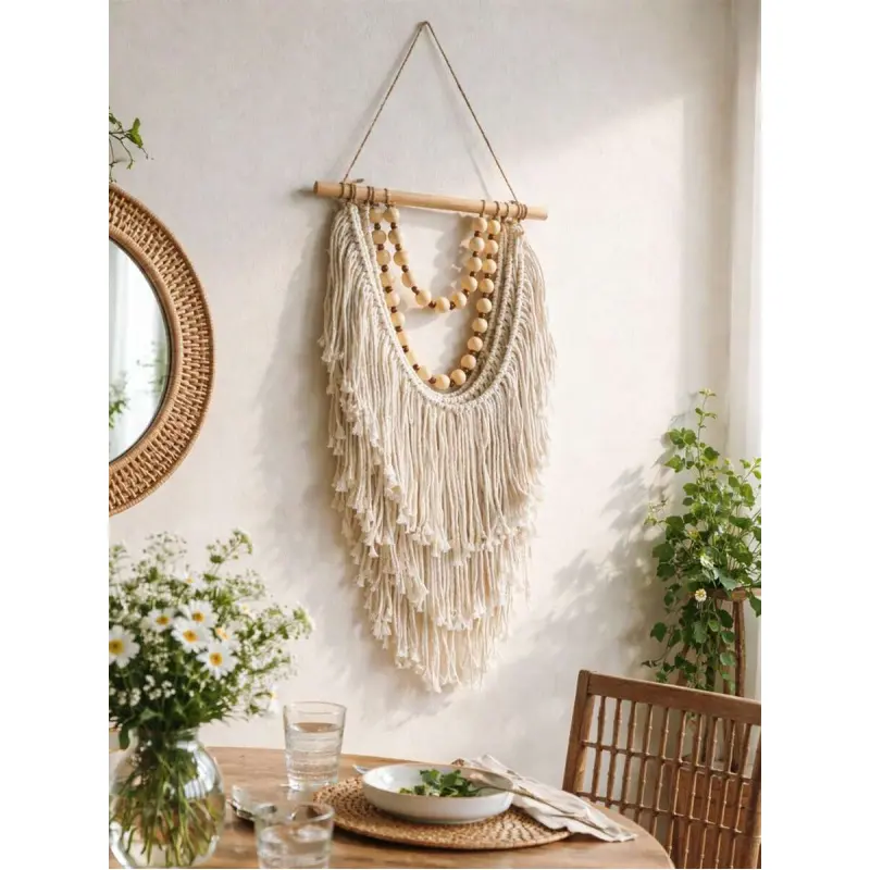 1 Pc Boho Woven Cotton Rope Macrame Wall Hanging - Lightweight Rustic Neutral Handmade Indoor Home Decor with Wooden Tassel Detail, Decor Inspo for Entryway Kid Room, Ideal Photo Prop & Gift, Soft