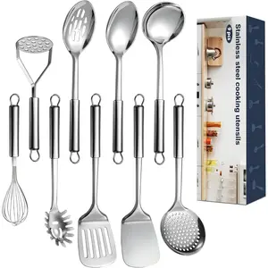9 count Cooking Utensils Set, Stainless Steel Kitchen Utensils, Heat Resistant Metal Kitchen Tools Include Solid & Slotted Spatula, Serving Spoon, Ladle, Pasta Server, Maseher, Egg Whisk,