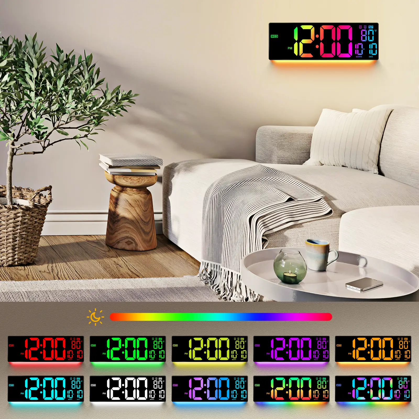 16" Square LED Digital Wall Clock, Multifunctional USB Powered Alarm Clock with 11 RGB Colors, Night Lights, Auto DST, Temperature Display & Remote Control, Ideal for Living Room, Bedroom Decor, Led Wall Clocks