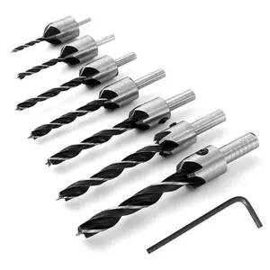 SnapFixMate 7 Pieces HSS Countersink Drill Bit Set 3mm 4mm 5mm 6mm 7mm 8mm 10mm High Speed Steel Counter Sink Bits Carpentry Chamfer Reamer Woodworking Chamfering Tool