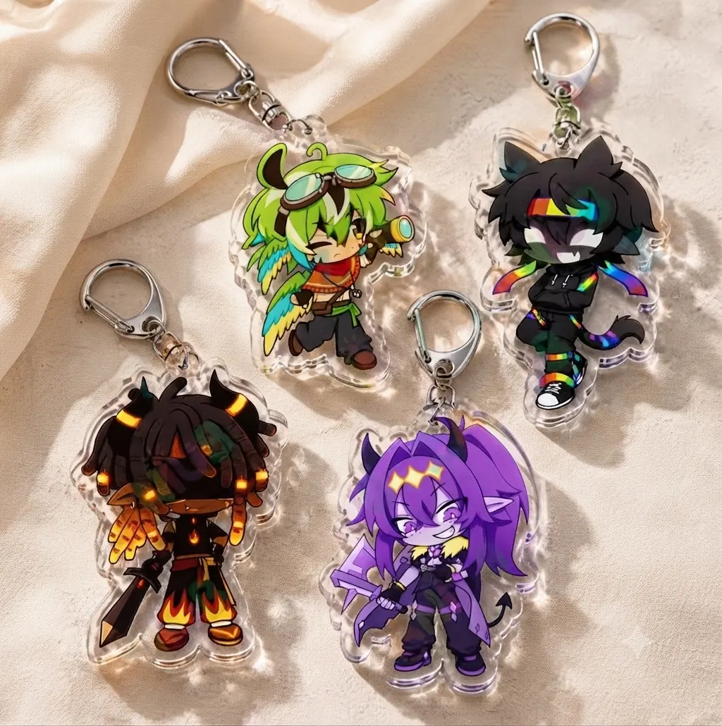 ParrotX2, FlameFrags, SpokeIsHere, and Wemmbu acrylic keychains – Stylish bag charms and meaningful gifts for friends and fans.