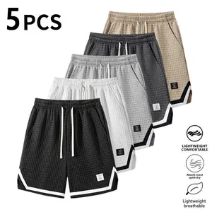 5-Pack Men’s Waffle Knit Casual Shorts with Elastic Waist and Drawstring, lightweight, breathable, and quick-drying—perfect for gym workouts, everyday wear, and summer outings.