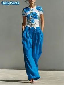 High-Waisted Wide-Leg Patchwork Tie-Back Adjustable Pants, Button Colorblock Design, Pleated Pocket Details, Stylish Long Trousers for Women