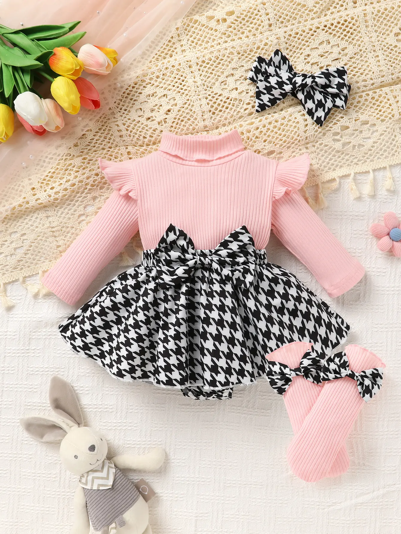 Cute Baby Girl Soft Knitted Jumpsuit Gift Set - Baby Clothing with Butterfly Knot Dress, 1000 Bird Plaid Ruffle, Matching Socks & Headband for Casual, Special Occasions, Clothes, Long Sleeve