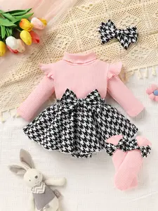 Charming Baby Girl Jumpsuit Set - Soft Knitted Dress with Butterfly Knot & Thousand Bird Plaid Ruffle, Matching Socks & Headband for Casual & Special Occasions