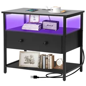 LED Bedside Table with Wooden Drawer for Bedroom,27 inch Wide Nightstand,End Table Bedside Table with USB Ports and Outlets