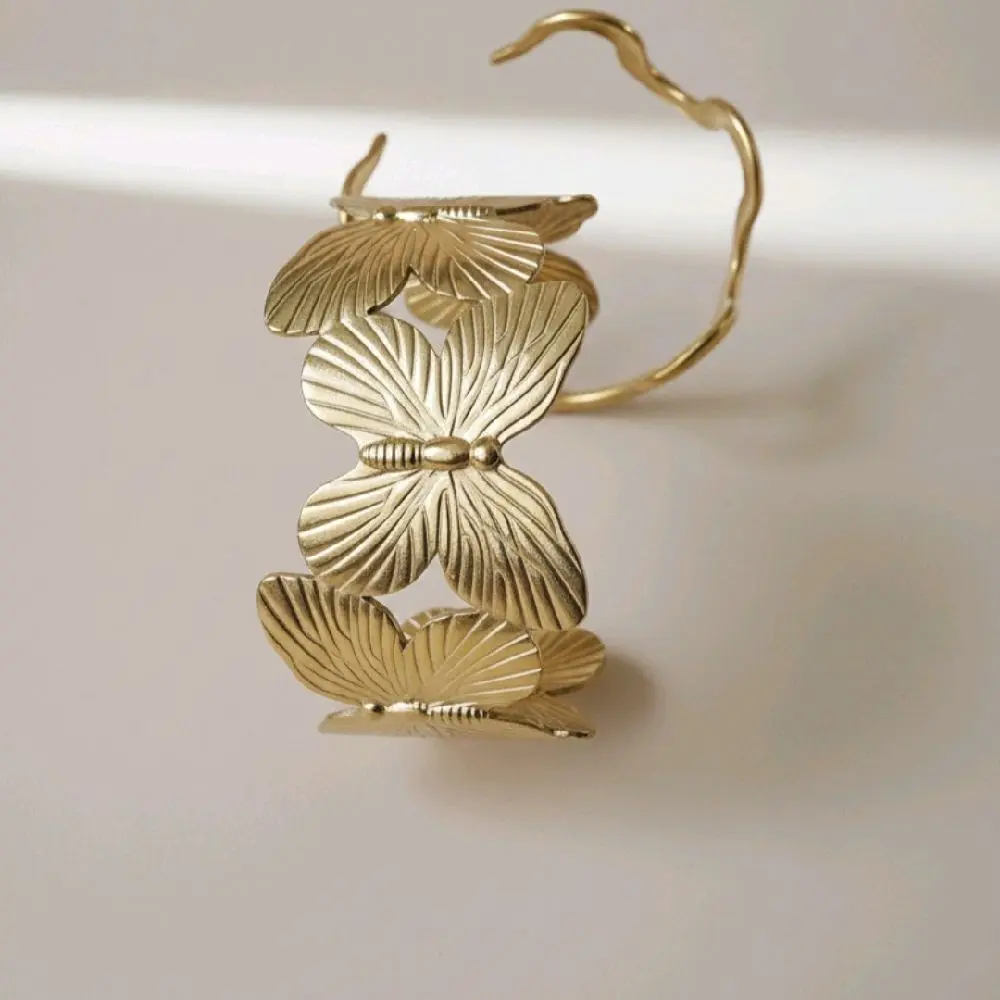 Brazalete Abierto Para Mujer Acero Inoxidable Chapado En Oro 18K Gota De Agua Flor Geométrica Nudo De Bambú Minimalista