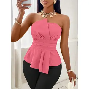 Ciel Fashion Solid Ruched Asymmetrical Hem Tube Off Shoulder Top